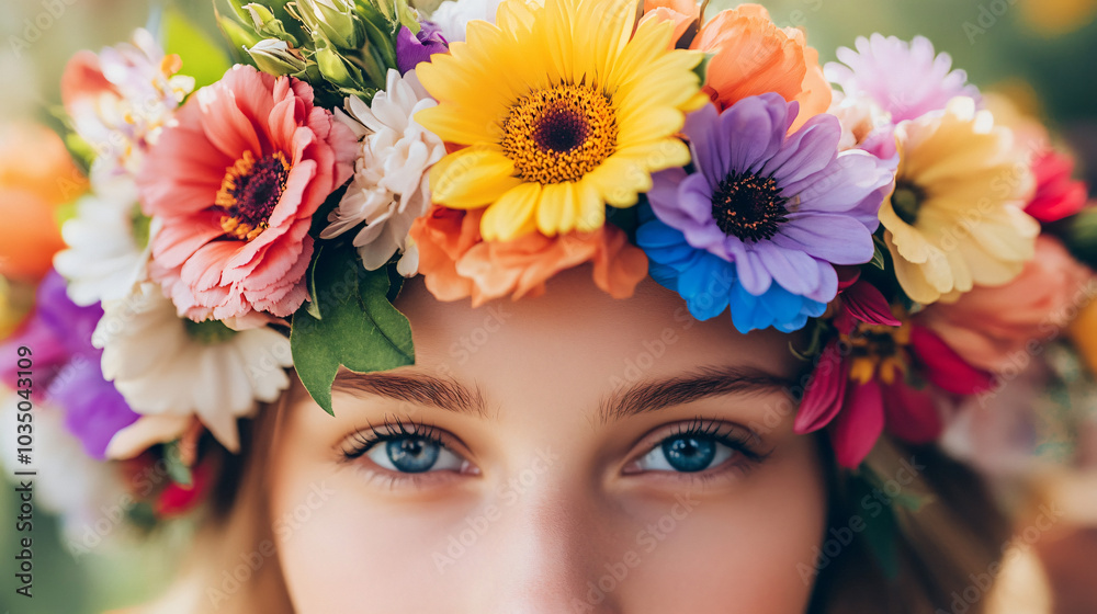 An artistic depiction of a flower crown made of colorful blooms, ideal for festivals and celebrations. An artistic depiction of a flower crown made of colorful blooms, ideal for festivals and celebrations.