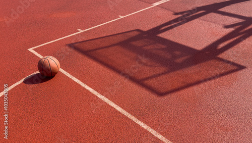 Top view orange ball for basketball lying on the rubber sport court. Sport red ground outdoor in the yard photo