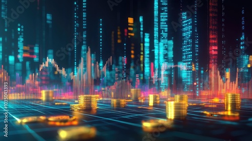 A futuristic abstract design of rising stock market charts with gold bars and coins, symbolizing wealth and successful investments