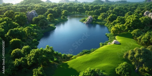 Aerial View of a Coastal Natural Park and Estuary with Lush Greenery and Water Bodies, Aerial Landscape of a Coastal Park and Estuary with Vibrant Greenery and Water Features photo