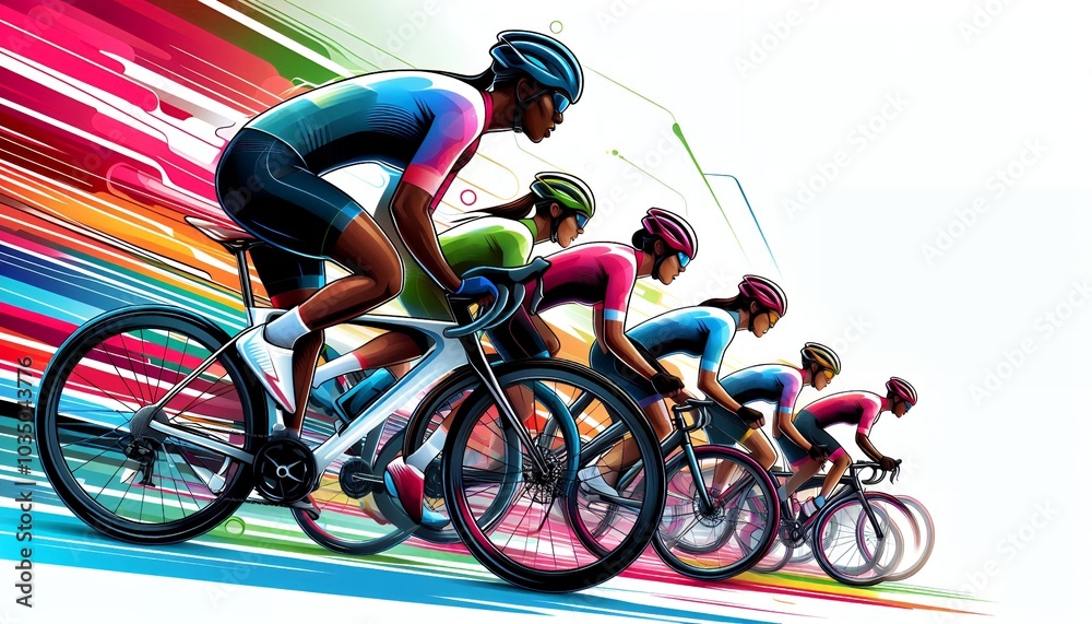 Fototapeta premium A vector illustration depicting a group of cyclists in an intense race, with a focus on the competition and action