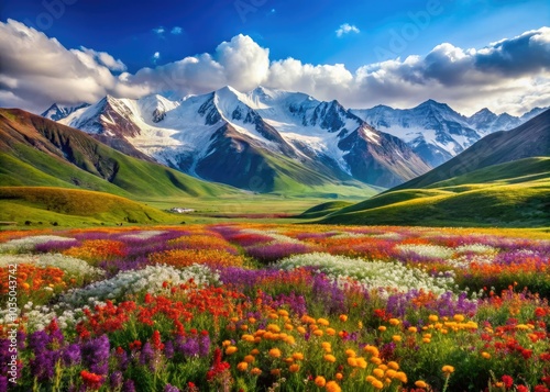 The stunning Kalajun Grassland showcases a tapestry of colorful flowers nestled against towering snow-capped mountains, embodying the enchanting essence of summer's splendor. photo