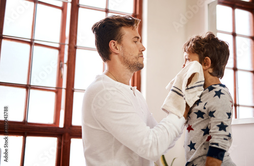 Bathroom, child and towel of face, dad and bonding with youth, drying and shaving with fun in house. Grooming, father and teaching of son, hygiene and kid with man, lesson and knowledge for skincare