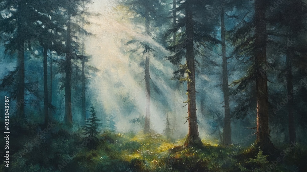 Fototapeta premium Oil painting of a serene forest featuring spruce trees where sunbeams filter through fog creating an enchanting and mystical ambiance