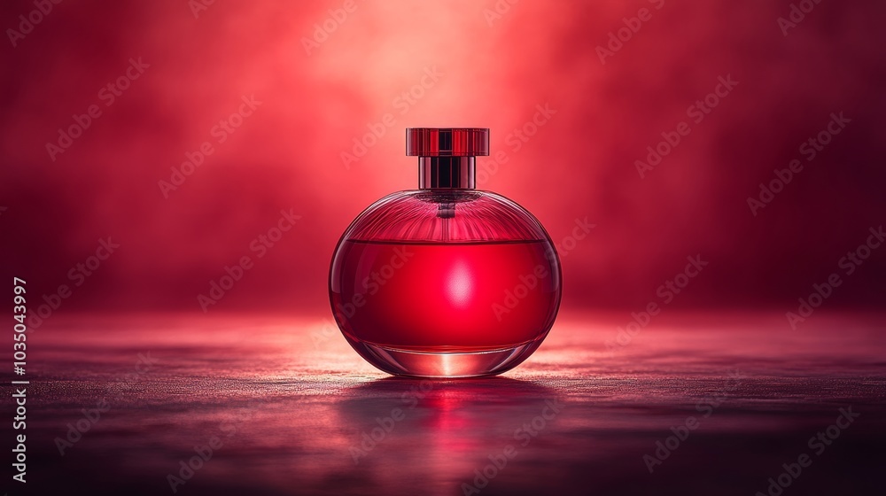 Bottle of perfume is sitting on a red background. The bottle is made of glass and has a red cap. The perfume is in a clear bottle, which makes it look elegant and sophisticated. sense of luxury Bottle of perfume is sitting on a red background. The bottle is made of glass and has a red cap. The perfume is in a clear bottle, which makes it look elegant and sophisticated. sense of luxury