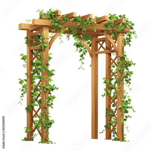 Aly crafted wooden arbor adorned with lush green vines, perfect for enhancing garden aesthetics and outdoor events., on transparent background cutout photo