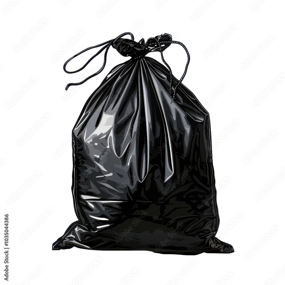 A black garbage bag filled with waste, ideal for trash disposal or cleanup activities.. Illustration, png isolated on an empty background