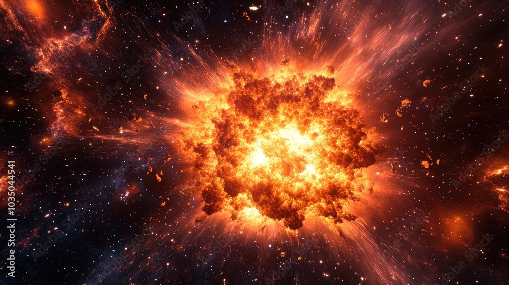3D cartoon depiction of a star explosion in an unknown galaxy