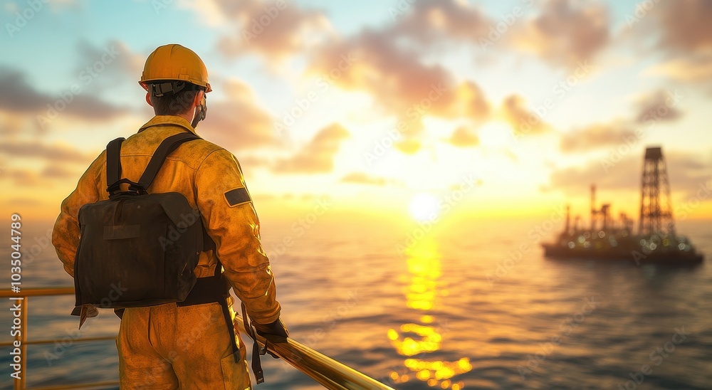Obraz premium A photograph of an oil rig worker standing on the deck, looking out at the sea with a sunset in the background and a gas field visible in the distance. 
