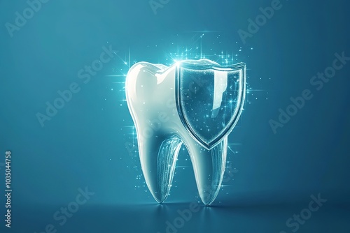 Glowing tooth with shield, dental protection concept