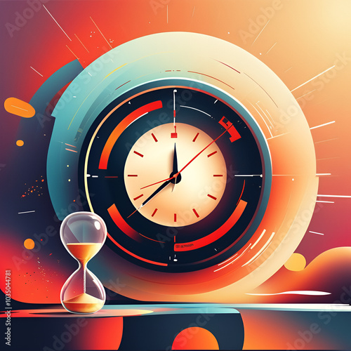 A bold vector illustration featuring a large, central clock with hands approaching the final minutes, surrounded by the text 