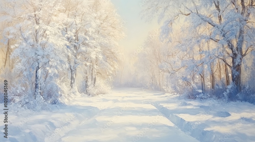 Fototapeta premium Oil painting depicting a winter morning blanketed in fresh snow with trees heavy with white creating a serene snowy landscape