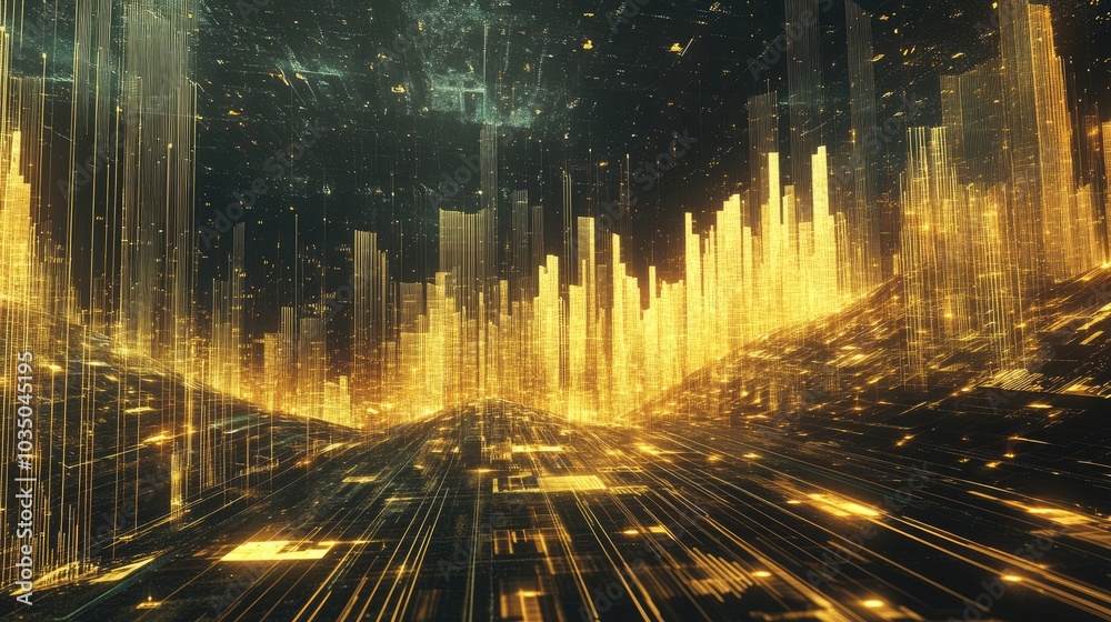 An abstract financial landscape with rising stock lines and gold symbols, representing success in business investments and profits An abstract financial landscape with rising stock lines and gold symbols, representing success in business investments and profits