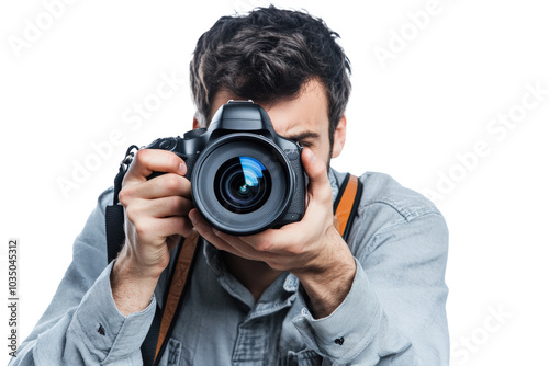 A male photographer in a casual outfit with a camera strap around his neck, holding a DSLR camera up to his eye as if taking a picture. photo