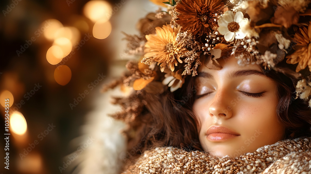 A Woman Wearing a Crown of Dried Flowers, Eyes Closed, Relaxed and Tranquil, Capturing the Beauty of Autumn A Woman Wearing a Crown of Dried Flowers, Eyes Closed, Relaxed and Tranquil, Capturing the Beauty of Autumn