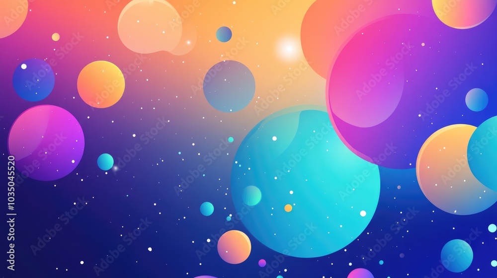 Fototapeta premium Abstract background featuring colorful circles with chaotic particles in open space Dynamic 2D cartoon illustration