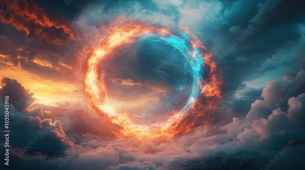 A fiery circle in the sky with a blue and red swirl A fiery circle in the sky with a blue and red swirl