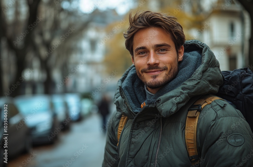 Winter Happiness: A Smiling Man in a Warm Coat on a Chilly Day Winter Happiness: A Smiling Man in a Warm Coat on a Chilly Day