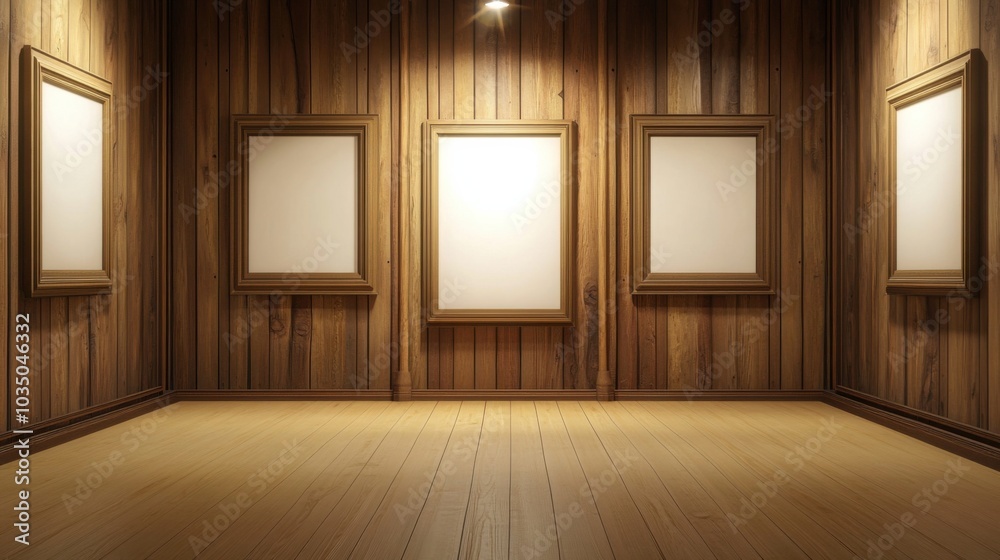 Gallery with empty framed canvas on wooden wall Gallery with empty framed canvas on wooden wall