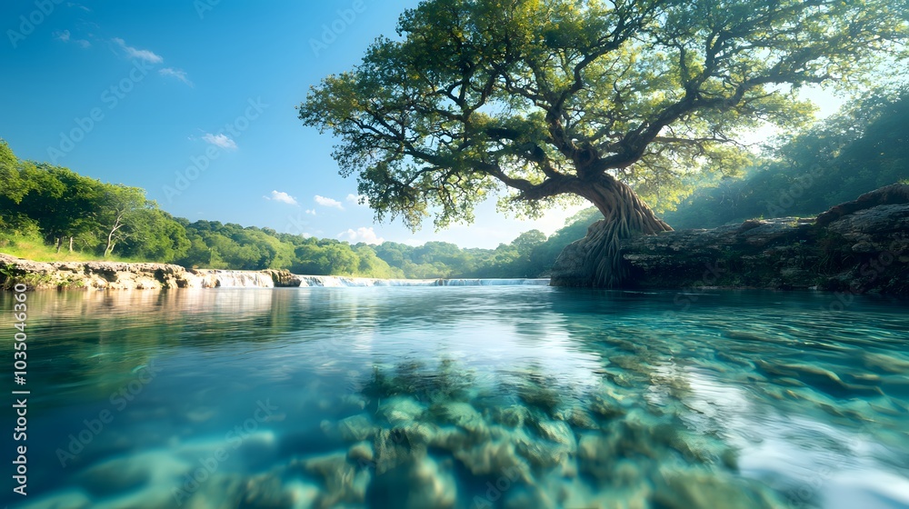 Tranquil River with Clear Water Flowing Beneath Trees Tranquil River with Clear Water Flowing Beneath Trees