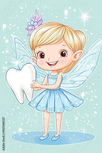 Cute fairy holding a shiny tooth on a sparkling background