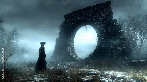 Mysterious Figure by Ancient Ruins in Foggy Landscape photo