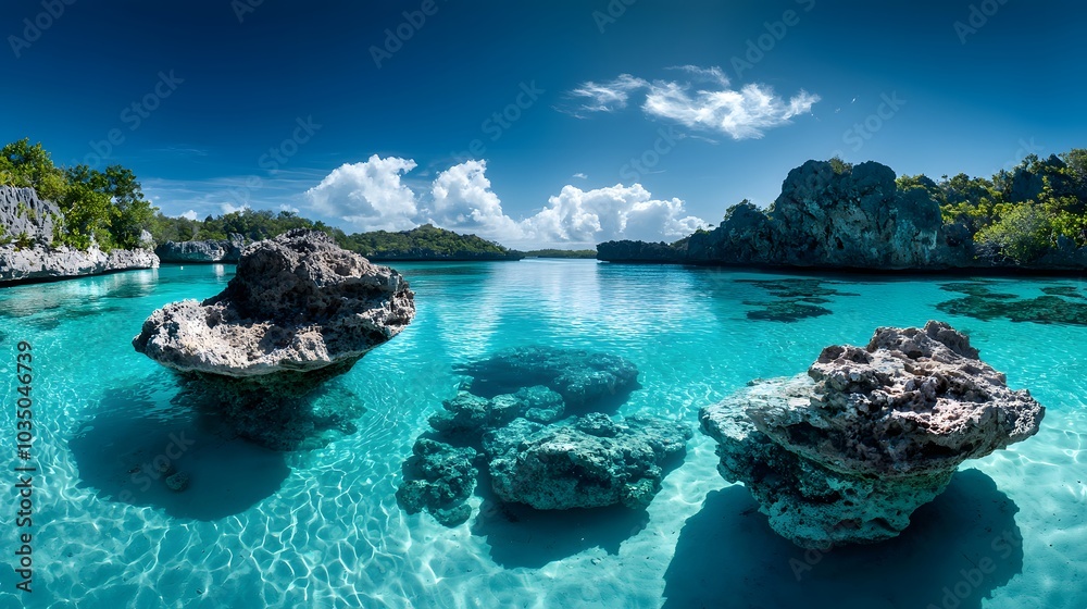 Fototapeta premium Serene Tropical Lagoon with Clear Water and Rocks