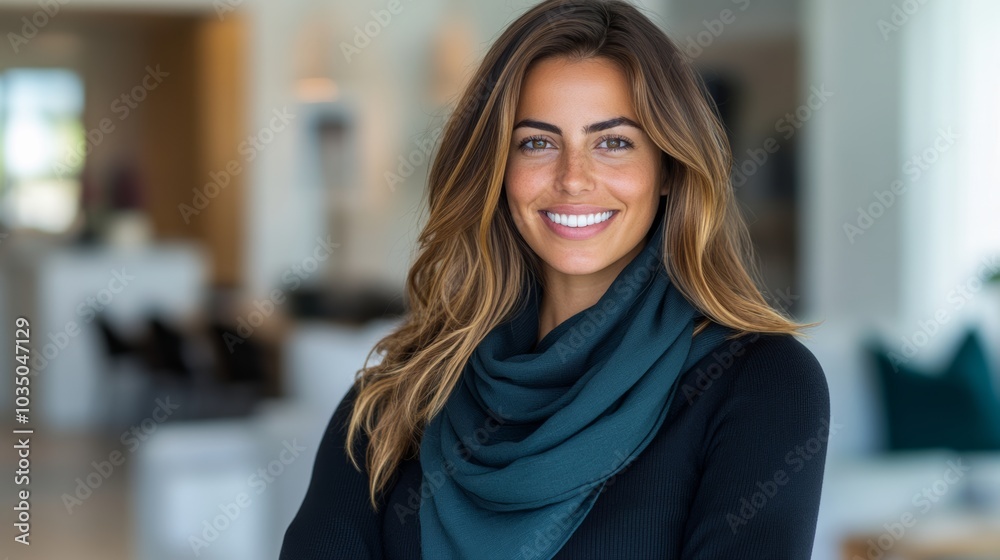 Woman with long brown hair is smiling and wearing a green scarf. She is standing in a room with a couch and chairs Woman with long brown hair is smiling and wearing a green scarf. She is standing in a room with a couch and chairs