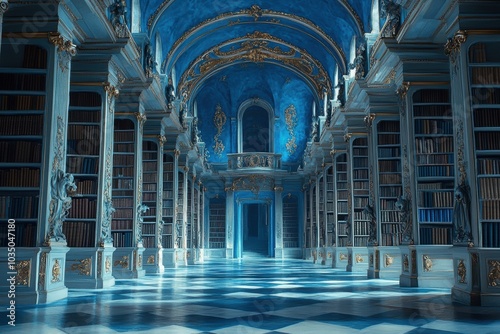 A large room with many bookshelves and a blue ceiling photo