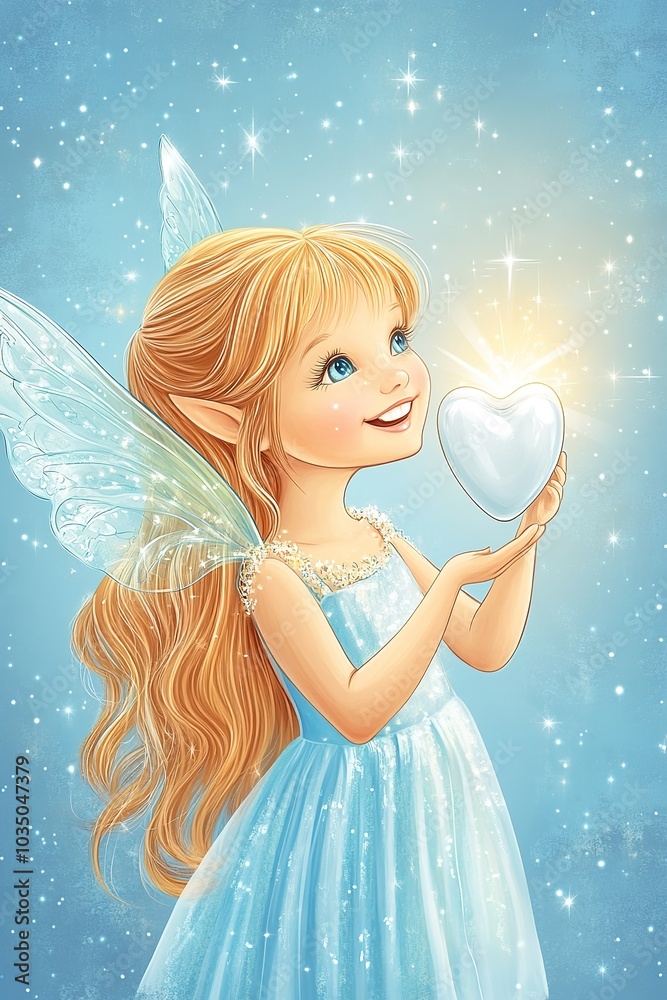 Smiling fairy with glowing heart and twinkling stars Smiling fairy with glowing heart and twinkling stars