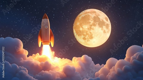 Rocket spaceship takes off with smoke and blast into a starry sky featuring a full moon in this 3D cartoon rendering symbolizing the beginning of a lunar mission and a successful launch concept photo