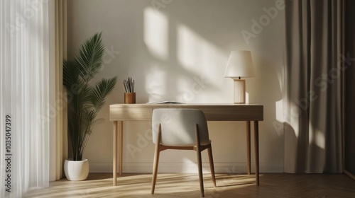 Wood desk and chair minimalist decor natural materials create calm workspace atmosphere