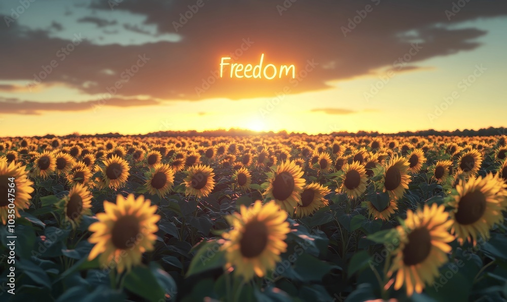 Fototapeta premium Sunflowers in a field at sunset with the word 