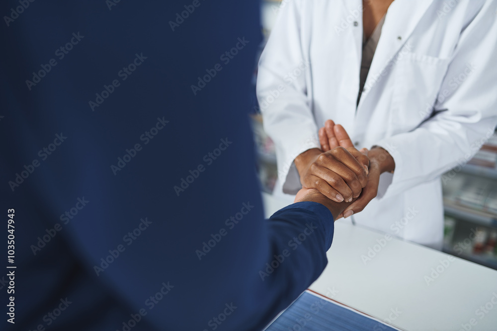 Fototapeta premium Pharmacy, holding hands and pharmacist with customer for empathy for prescription, medicine and medication. Healthcare, pharmaceutical and patient at counter for medical care, service and help