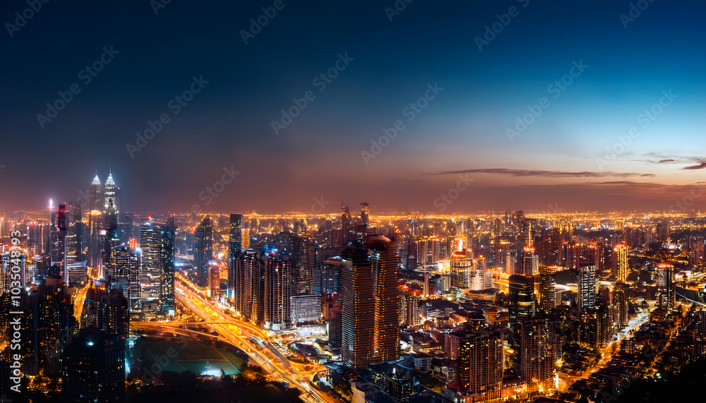 Obraz premium A nighttime panoramic view of a vibrant cityscape illuminated by twinkling lights