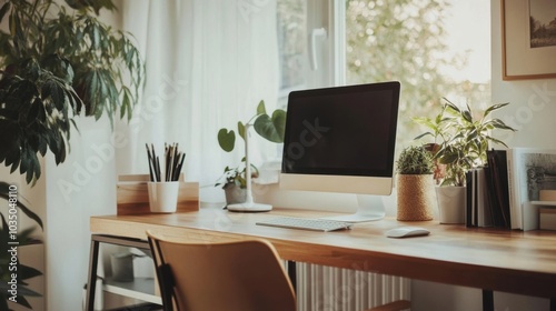 Wood desk and chair minimalist decor natural materials create calm workspace atmosphere