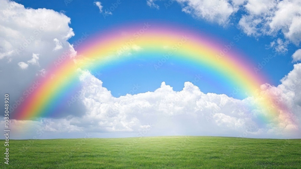 A Vibrant Rainbow Arcing Over Lush Green Grassland Against a Blue Sky with Fluffy Clouds A Vibrant Rainbow Arcing Over Lush Green Grassland Against a Blue Sky with Fluffy Clouds