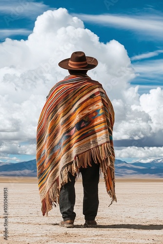 A man in a traditional Bolivian chullo hat and poncho, standing on the Altiplano photo