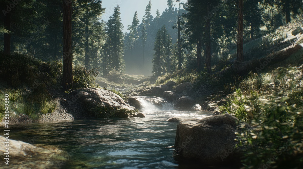 Sunlit Stream Flowing Through a Dense Forest Sunlit Stream Flowing Through a Dense Forest