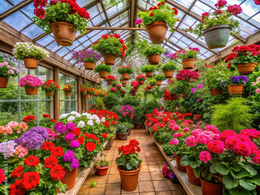 The vibrant interior of a lush greenhouse showcases an array of colorful flowers alongside decorative pots filled with striking geraniums, infusing joy into the space. The vibrant interior of a lush greenhouse showcases an array of colorful flowers alongside decorative pots filled with striking geraniums, infusing joy into the space.
