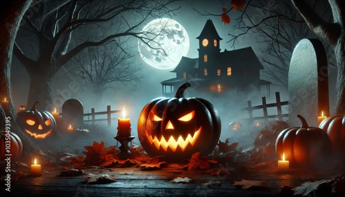 Halloween mit Kürbis und Spukhaus