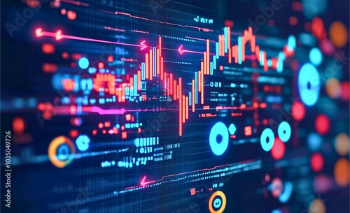A dynamic digital display showcasing a financial graph with fluctuating lines and data points, symbolizing market trends in a vibrant futuristic style.
