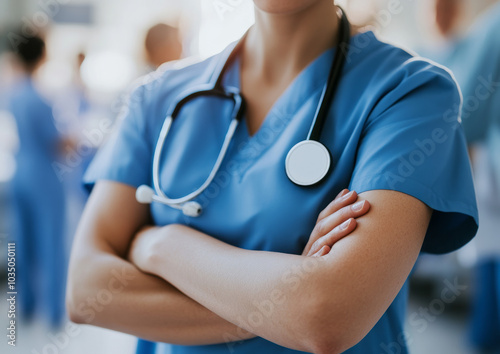 A close-up of a healthcare professional in scrubs with arms crossed and a stethoscope around their neck