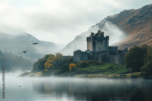 A mystical castle rises from a serene lake. Surrounded by misty mountains and vibrant trees, it captures a dreamy atmosphere. Perfect for landscape lovers. Generative AI