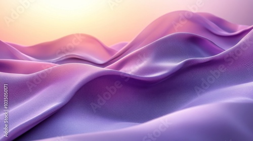 Silky purple fabric cascades in soft waves, illuminated by warm sunset hues. The delicate texture catches the light, creating a tranquil and serene atmosphere.