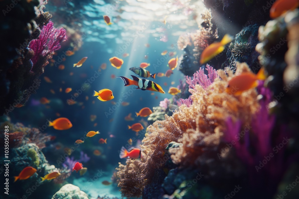 Obraz premium Vibrant underwater scene filled with colorful coral and fish. Experience the beauty of the ocean. Perfect for nature lovers and marine enthusiasts. Generative AI