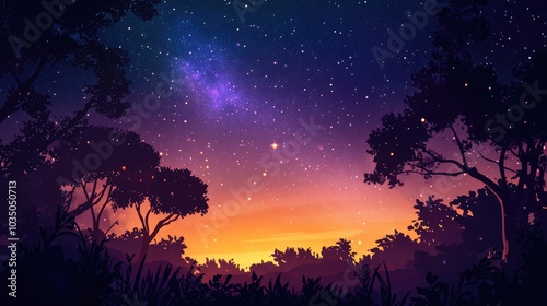 3D cartoon depiction of the night sky with silhouettes of trees set against stars galaxies and the universe in a natural setting Emphasizing tranquility shadows of plants and ambient light during 