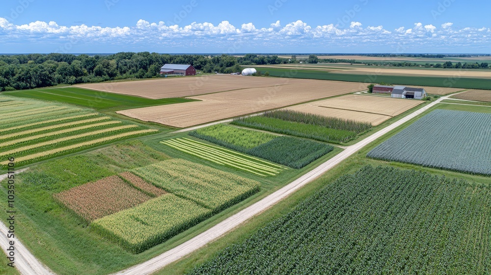 Aerial View of Colorful Agricultural Fields and Farm Aerial View of Colorful Agricultural Fields and Farm