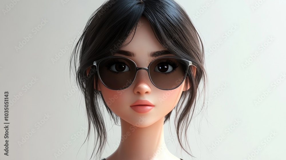 3D Cartoon Portrait of a Beautiful Young Woman in Sunglasses Posing and Looking at the Camera Against a White Background 3D Cartoon Portrait of a Beautiful Young Woman in Sunglasses Posing and Looking at the Camera Against a White Background