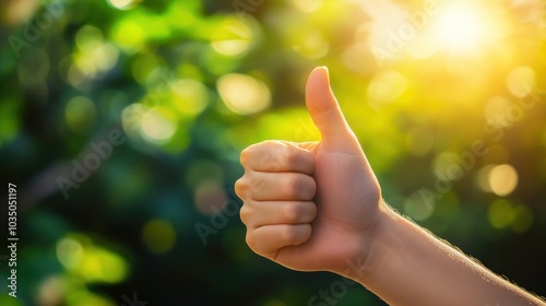 A hand giving a thumbs up. The background is green and blurry